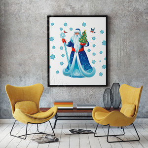 Постер 70х70см «Дед Мороз с посохом, елкой и снегирями» — фото 1